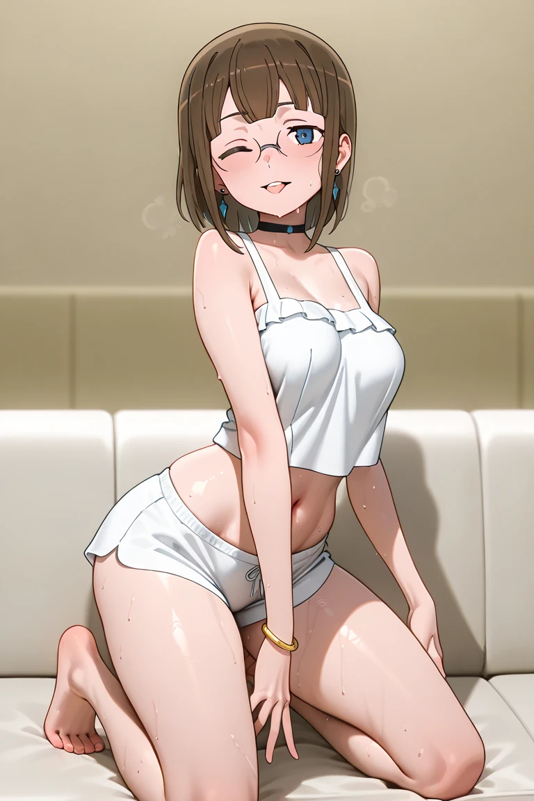 [[anime styled]],[[digitalart]],masterpiece,best quality,,[official art],akane_asahina,over-rim eyewear,((very short hair)),(hairclip),((forehead,side part hairstyle)),black hair,small breasts,short torso,, shiny skin, oily skin,NSFW,1girl,((sitting on the couch,reclining)),face focus,[perfect anatomy],,((nude)),((blue and white striped panties,)),((topless,nipple)),cameltoe,relaxing,smile,blush,spread legs, break background living room,couch