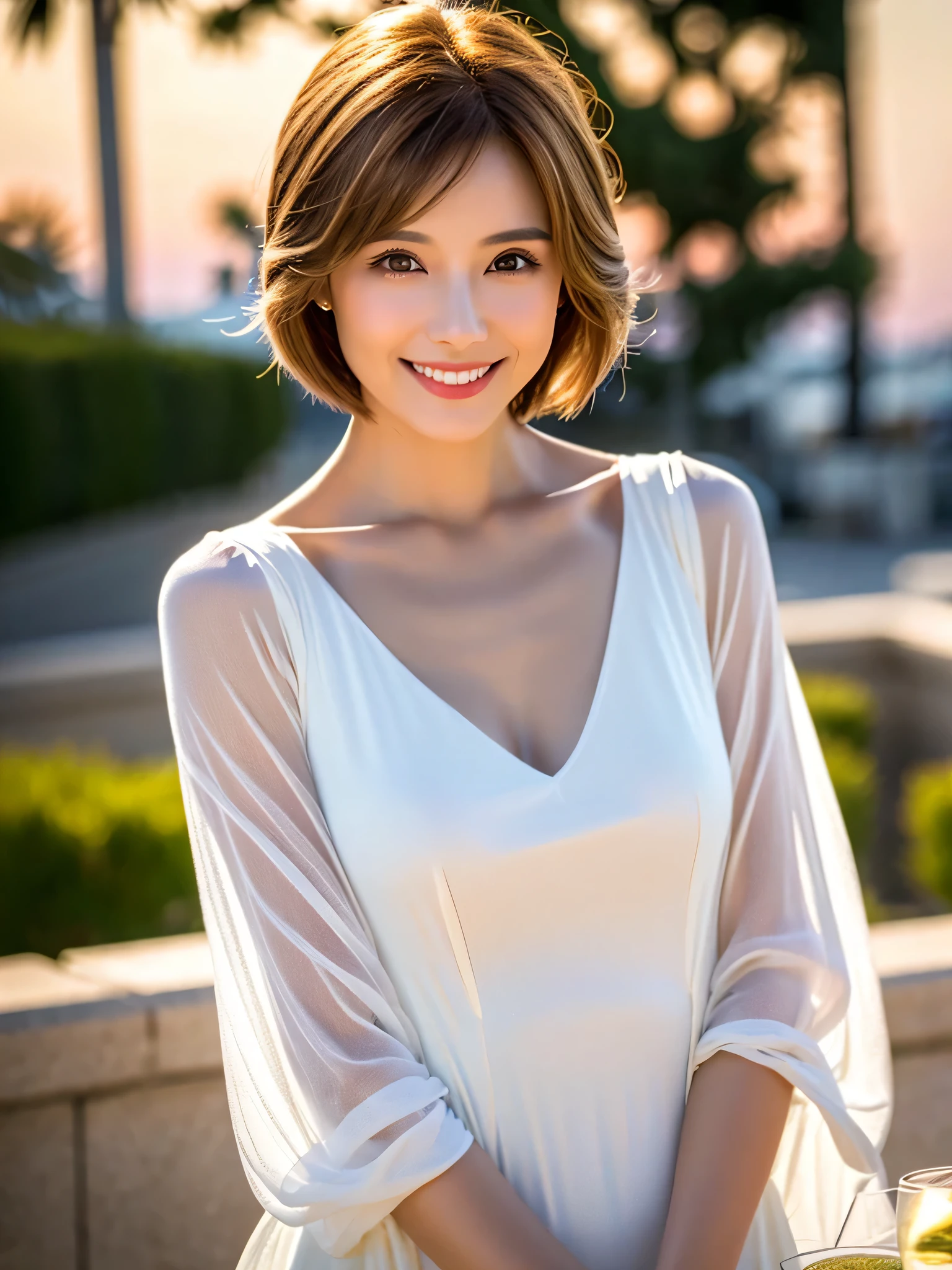 30 years old, One Woman, perfectionなボディ, Very delicate and beautifully detailed face, Beautiful attention to detail, short hair, Brown Hair, perfectionな顔, Brown Hair, Good hairstyle,  perfectionな比率, ((Detailed face)), smile, Expressive eyes, (Very detailed:1.3), Beautiful sparkle, Very detailed, (Detailed costume, Detailed clothing), (Dynamic pose:1.0), Focus Only, Centered, Scale to fit dimensions, Rule of thirds,  New York Manhattan background,(Highest quality), (High resolution), (Sharp focus), (Very detailed), ((超超超細部までこだわったperfectionな作品)), perfection, (((Tabletop))), Vibrant colors, (Complex), High Contrast, Selective lighting, Double exposure, Hmph (Dynamic Range), Post-processing, Background Blur, 