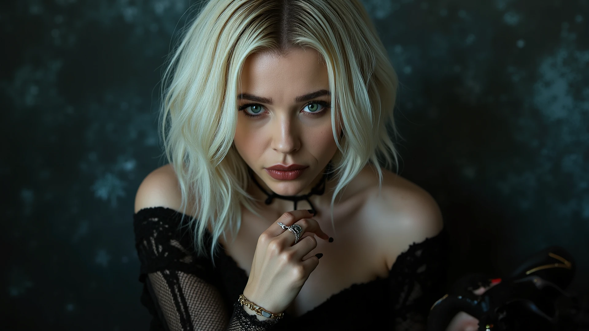 photorealistic, dark, erotic, sensual, female mid thirties, white hair, green eyes, fishnet, new rock boots, seductive, very long hair, perfect hands, perfect eyes, choker