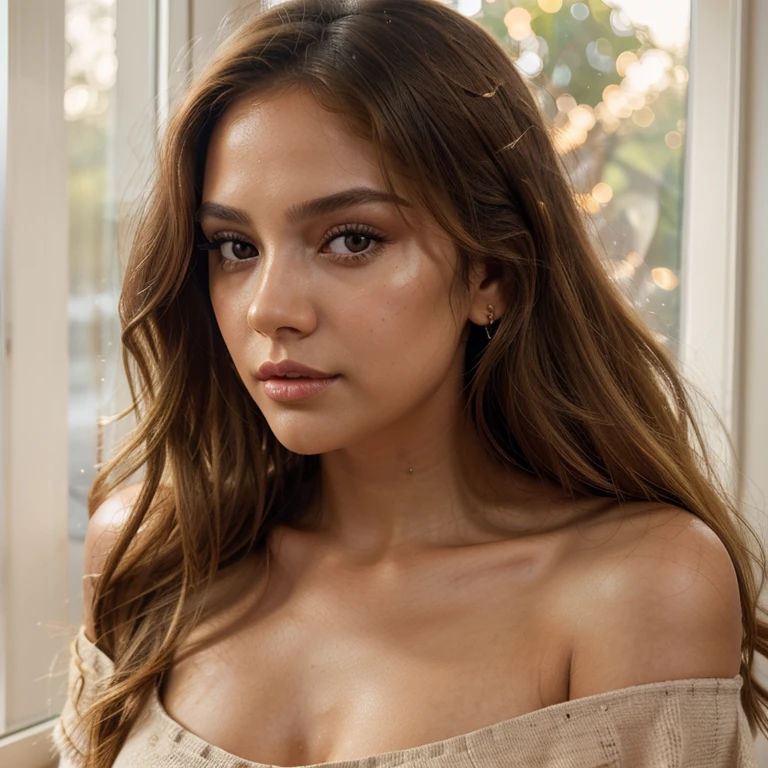 Brazilian light brown skin woman long  curly red hair  mid 20s girl, fit, staring at the viewer, realistic wearing a pinup girl  dress costume somewhere in Eastern Europe, glowing her brown eyes, intense, solodramatic lightinasterpiece:1.2), best quality, high resolution, beautiful detailed, extremely detailed, perfect lighting 