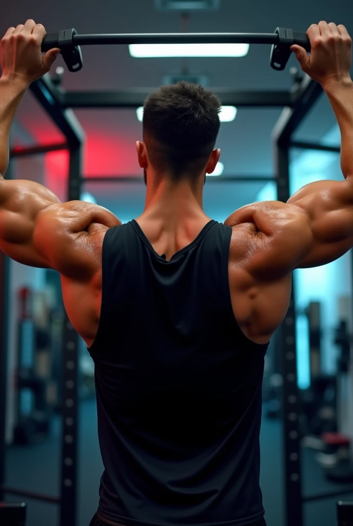 "Realistic drawing of a fitness man doing triceps pulley exercise with rope in a well-lit gym. The image should clearly show the triceps muscles in action, with vibrant colors and details that highlight muscle definition. The background should be a gym environment with modern details."