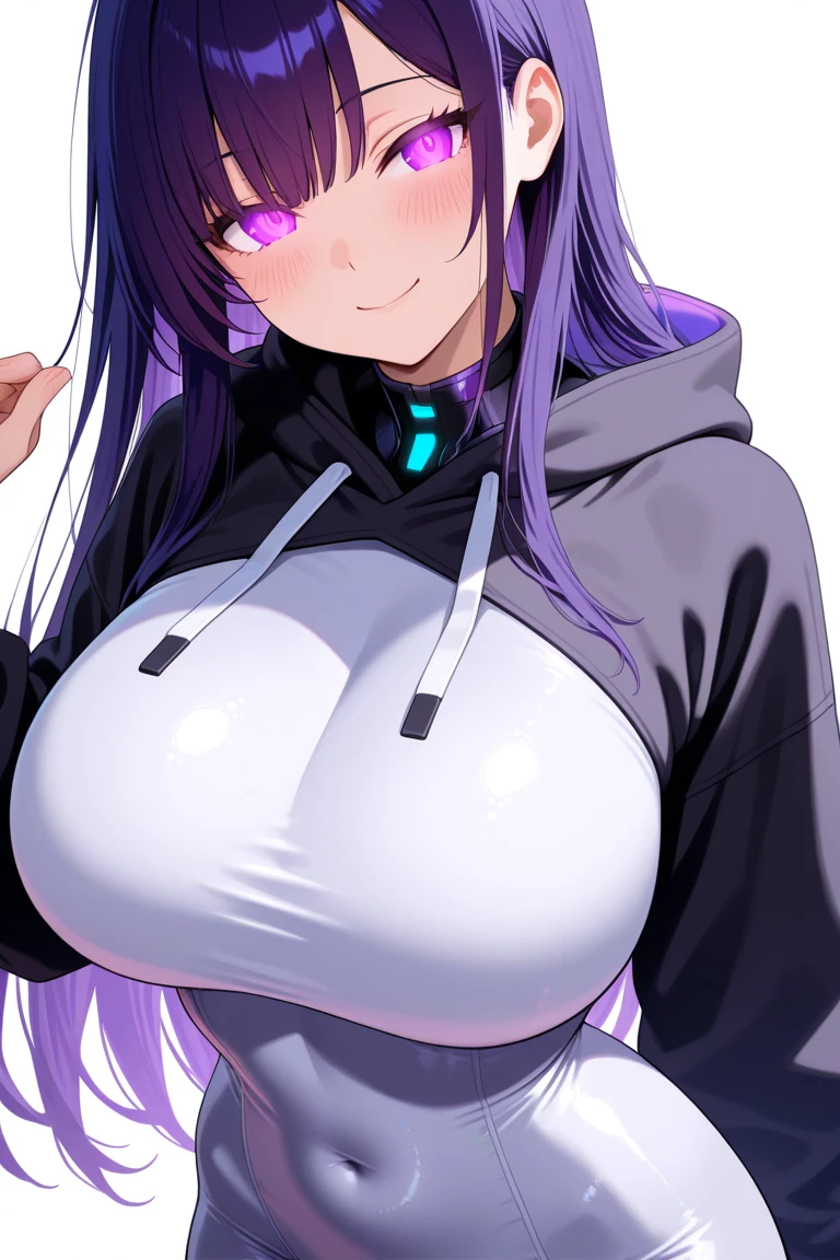Wolf Girl, Big Breasts, Voluminous purple hair, masterpiece , Red eyes、Double teeth、tooth、Blushed cheeks、 hd, Head to Chest, buried in my chest、Underbust、Cleavage、hoodie、hot pants