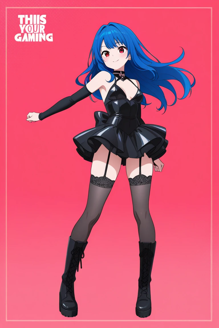Illustrator, anime , Realistic ,sketch , 1 person, model, Age 27,lip, Holding a pocket watch, wearing a mini skirt dress like a black tuxedo, Thigh-high stockings with lace, order, Blue and pink gradient background, Neon colored hair, Big Breasts, look back, Sexy look, Sexy pose, Texture Trim, Russia, (masterpiece,Highest quality)