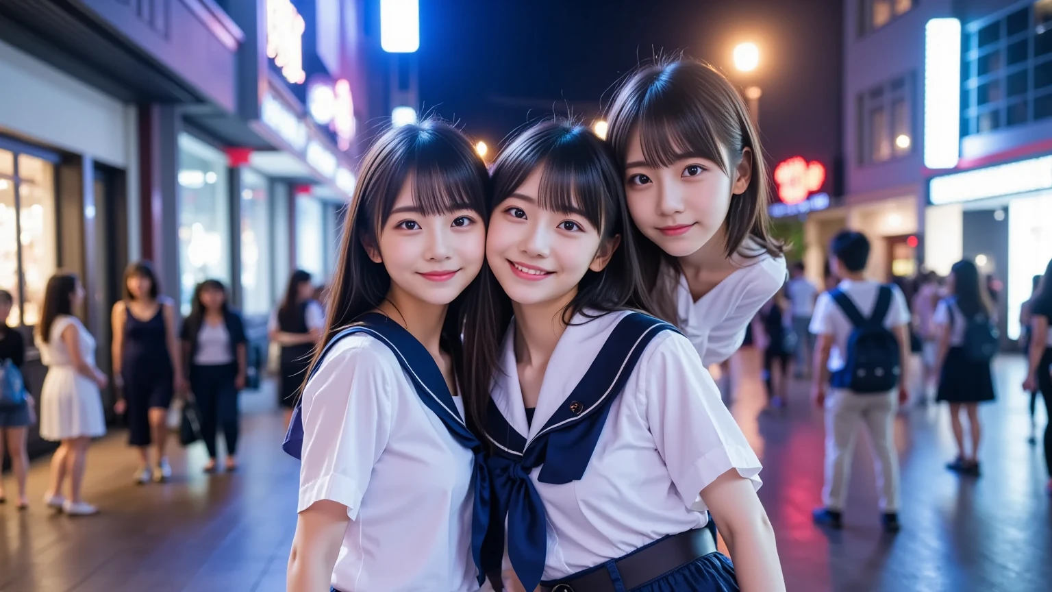 (top-quality、masterpiece:1.2)、ultra-detailliert、Super Resolution、(Photorealsitic:1.37)、Amazingly beautiful lighting、highly detailed and beautiful、((Bright starry sky))、Starry sky shining in the night sky、Leonid meteor shower、A smile that makes you see your teeth、night seaside、de pele branca、Fair-skinned female proofreading、((Heart pose for the camera))、(Pose for the camera)、Japan school uniform、a sailor suit、hi-school girl、Beautiful girls in very detailed、Faces with different patterns、Proofreading of a woman frolicking on the beach at night、Brown hair shining in the light of the full moon、One has a ponytail、Modern cute high school girl、very detailed faces very detailed eyes、Very realistic skin、 extremely detailed fingers, highly detailed nose, highly detail mouth, perfect anatomia, Highly detailed sailor suit、highly detailed back ground、(Pink Eye Shadow)((Drawing a heart picture under the eyes)) heart mark、♡