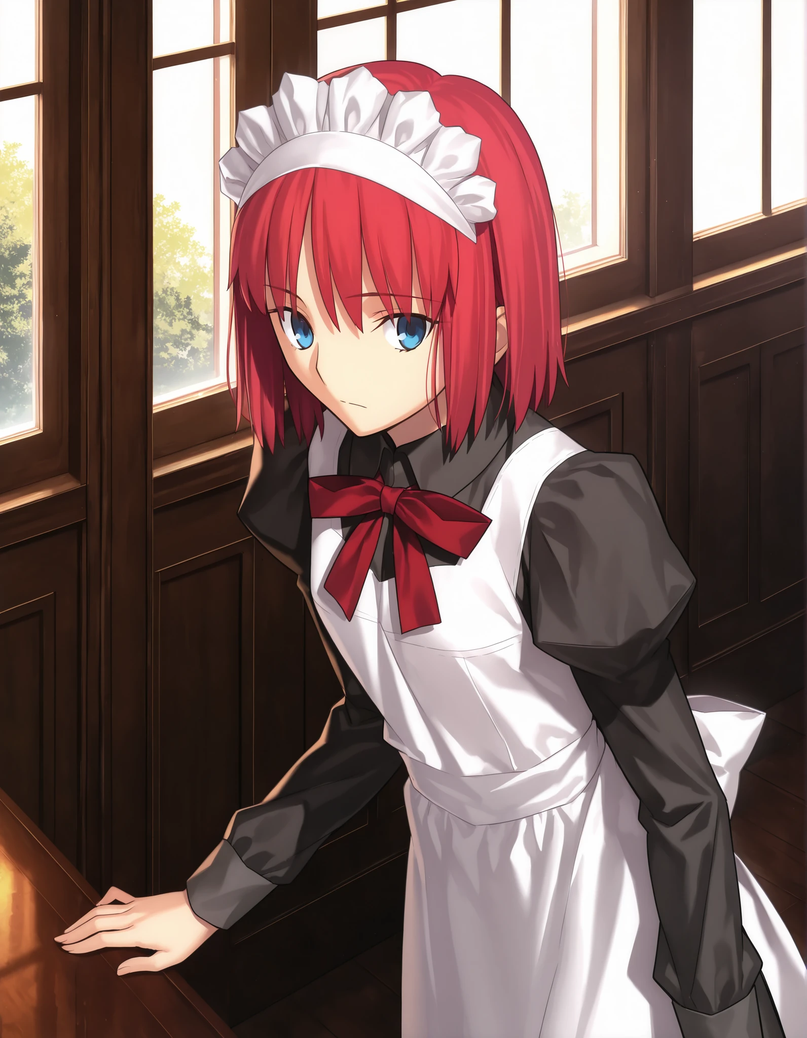 masterpiece, , absurdres, highres, detailed background, high resolution, masterpiece, necessary, detail, best quality, quality, necessary, details, High details, Precise, dark, indoors, from above, day, ,
1girl, , Takeuchi Takashi (type-moon,tsukihime) style, takeuchi takashi style, leaning forward, listening,
girl, (hisui (tsukihime), light blue eyes, red hair, short hair, bob cut, maid headdress, neck ribbon, red ribbon, juliet sleeves, maid, maid apron, collared dress), (tsurime), upturned eyes, ( ), expressionless, ,
(black dress shirt, white apron), , dark red ribbon, small breast, flat chest, , looking back, ,