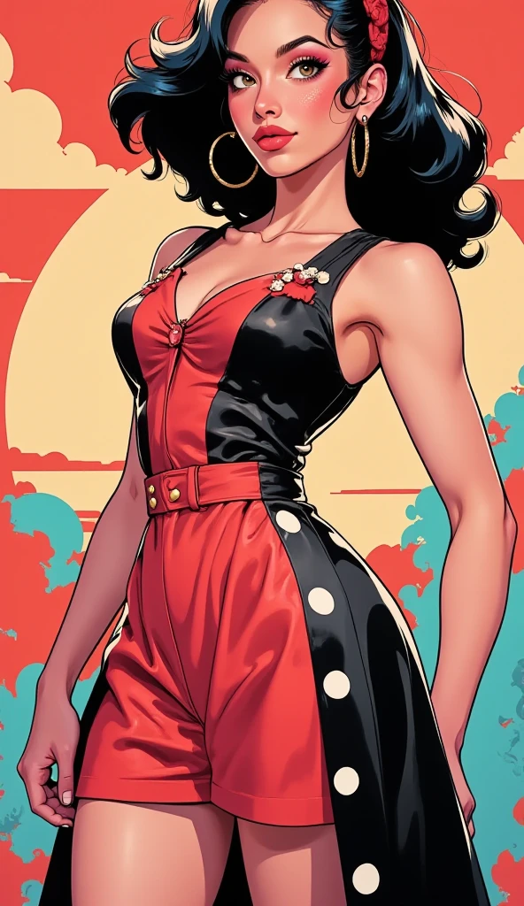 (masterpiece, best quality:1.2),illustration art，Kusama Yayoi's style，a beautiful white pale girl，dynamic angle，best photo poses，Skin detail processing，The red eyes are very detailed and scarlet，very dark black hair，shiny long hair，with large huge breasts，busty，deep cleavage，lewd red roundlips，full red tight dress，completely red dress，scarlet dress，(((Speckled pattern)))，white，red，black, 