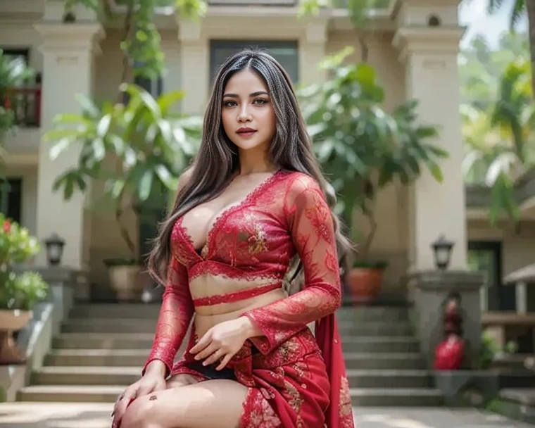 masterpiece, malaysian girl, indonesian girl ,ultra realistic,32k,intricate details, sharp focus, realistic, closed, seductive pose, black eyes, jewelr, lips, realistic, looking_at_viewer, wet skin, shiny skin, SHORT SLEVES, indonesian clothes, bali, balinese, cityscape, transparent standing pose,(( red kebaya)),perfect breast, big breast, full body,busty body,curvy body,long hair,beauty face,cowboy shot,