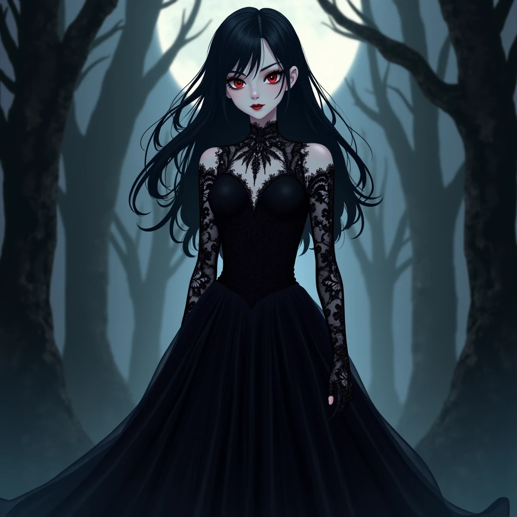 a vampire girl, long dark hair, pale shoulders, pale angular face, deep red glowing eyes, moonlight, long black dress, lace details, fitted bodice, dark cloak, pale skin, deep red lips, sharp fangs, night, creature of darkness, hunting, showing her breasts