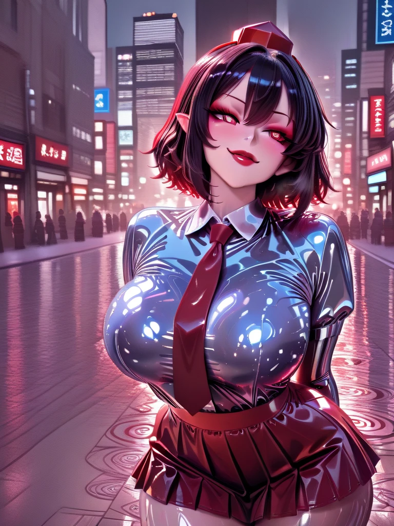 A captivating photorealistic Japanese cartoons illustration of a charming young woman with glasses. She was wearing a stylish lavender turtleneck top, Revealing the full sleeve tattoo on her toned arms. Her infectious laugh, Her eyes sparkle with joy. Background with night city view, After a rainstorm，The flashing lights reflected on the wet streets., Japanese cartoons（（Crazy breast swelling））