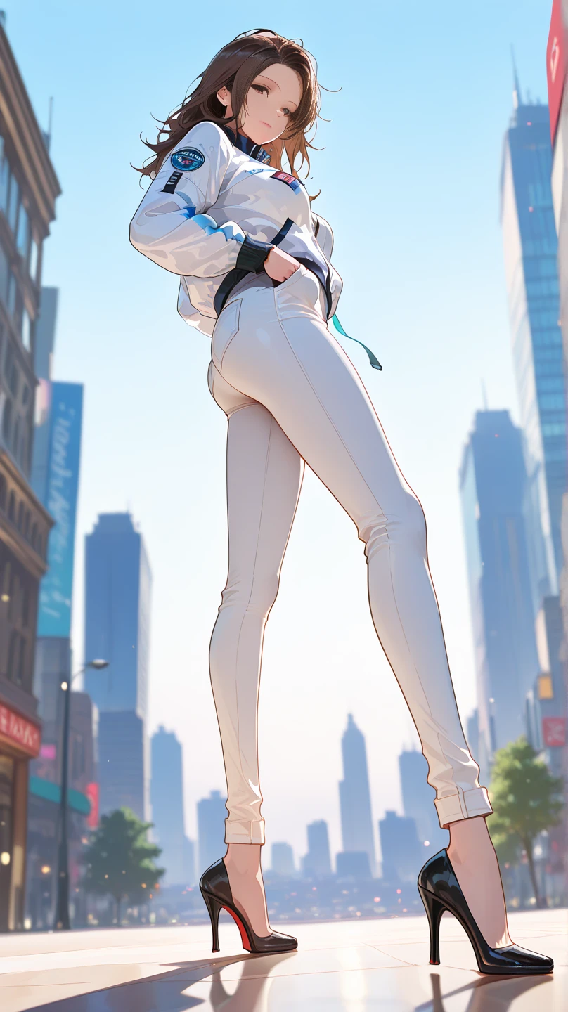 1girl, solo, full body portrait, white camisole vest, high heels, yoga suit, black silk, masterpiece, best quality, realistic, super detailed, (shiny skin, sweating: 1.4), looking at the audience, light blue short hair, red eyes, slender, dynamic light and shadow, high resolution, sharp focus, depth of field, fine eyes, pupil sharp, pupil realistic, (C cup: 1.2), (skin white: 2.0), (long legs: 1.8), (clothes transparent: 1.5), outdoor, sky