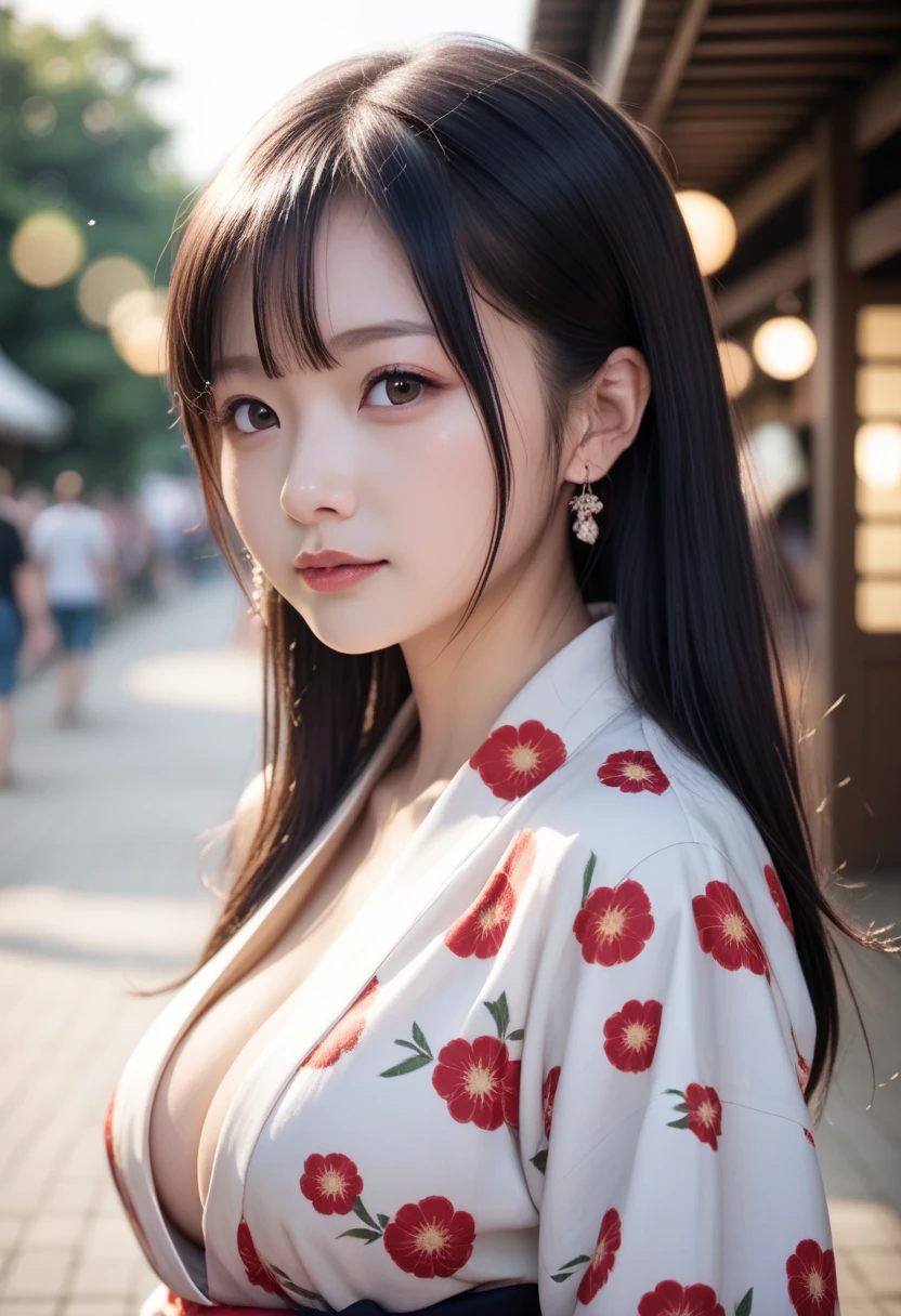 1 girl, black hair, long straight hair, smooth, Red and white kimono. collarbone, armpit, Japanese shrine, cherry tree, Sunset