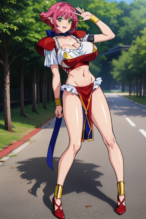 masterpiece, high resolution, best quality, beautiful art,well formed hands, body and fingers, 1 woman, solo,Akane Hiyama, big breasted, cleavage, mature woman, grown up, alluring body, cosplaying as Mai Shiranui, sexy red japanese clothes, full body, sexy legs, thighs and hips, holding open red fans on her hands, dancing seductively like a belly dancer, looking at the viewer, smiling joyfully, biting her lips, flirting, beach environment