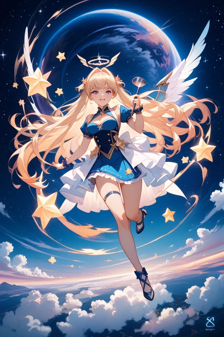Highest quality,Highest Resolution,Beautiful girl with angry face in maid leotard,Frills,High leg,(((Floating in the air))),Halo,(((universe space))),Milky Way,meteor,Very beautiful eyes,(((White angel wings on the back))),whole body,long hair,(((Shoot a bow))),Knee-high stockings,Floating in the air,