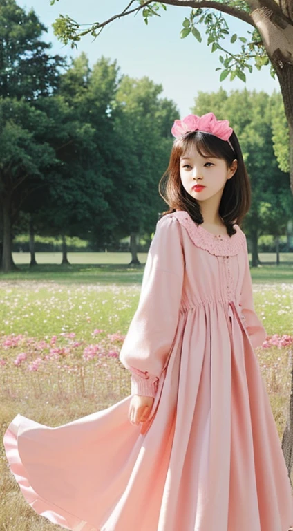 with curly black hair ,aged 3 years brown eyes,skin fair, in a pink dress wearing all star style sneakers