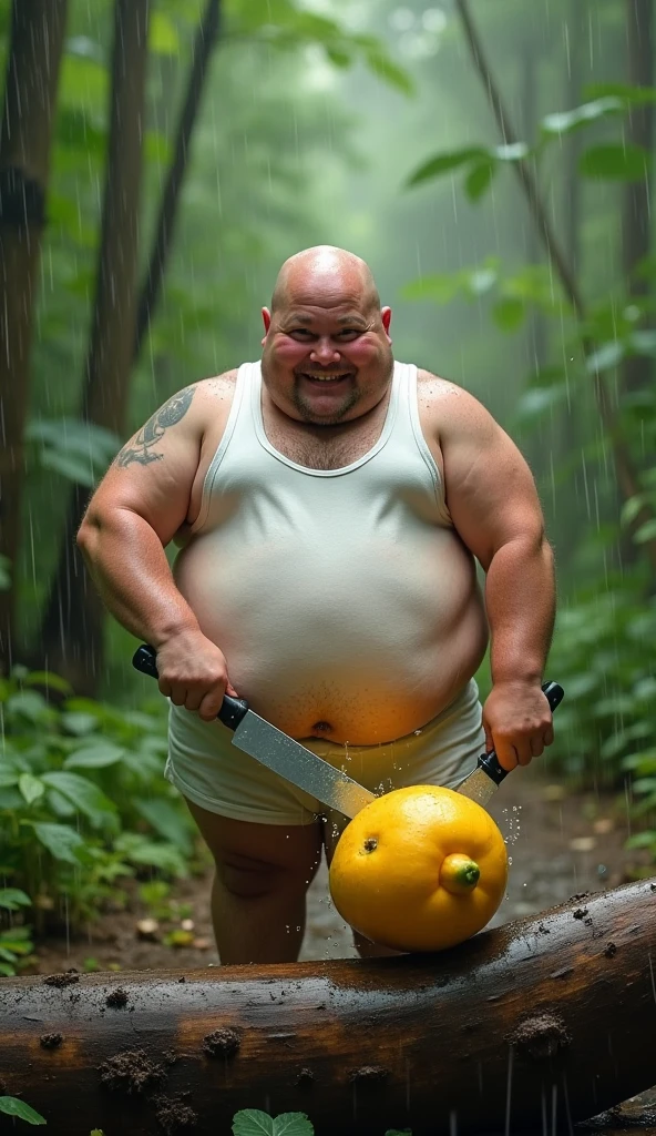 3D realistic photo, a skinny farmer pulling a rope held by a big, fat man like a sumo wrestler, covered in mud in the middle of a green rice field, with a backdrop of rice fields and other farmers working."