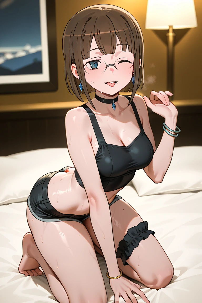 8k、masterpiece、Japanese、Woman wearing glasses、anise、from the front、smile、Childish、Big Breasts、Transparent school swimsuit、night、Bedroom、Spread your legs and show、Pee is yellow