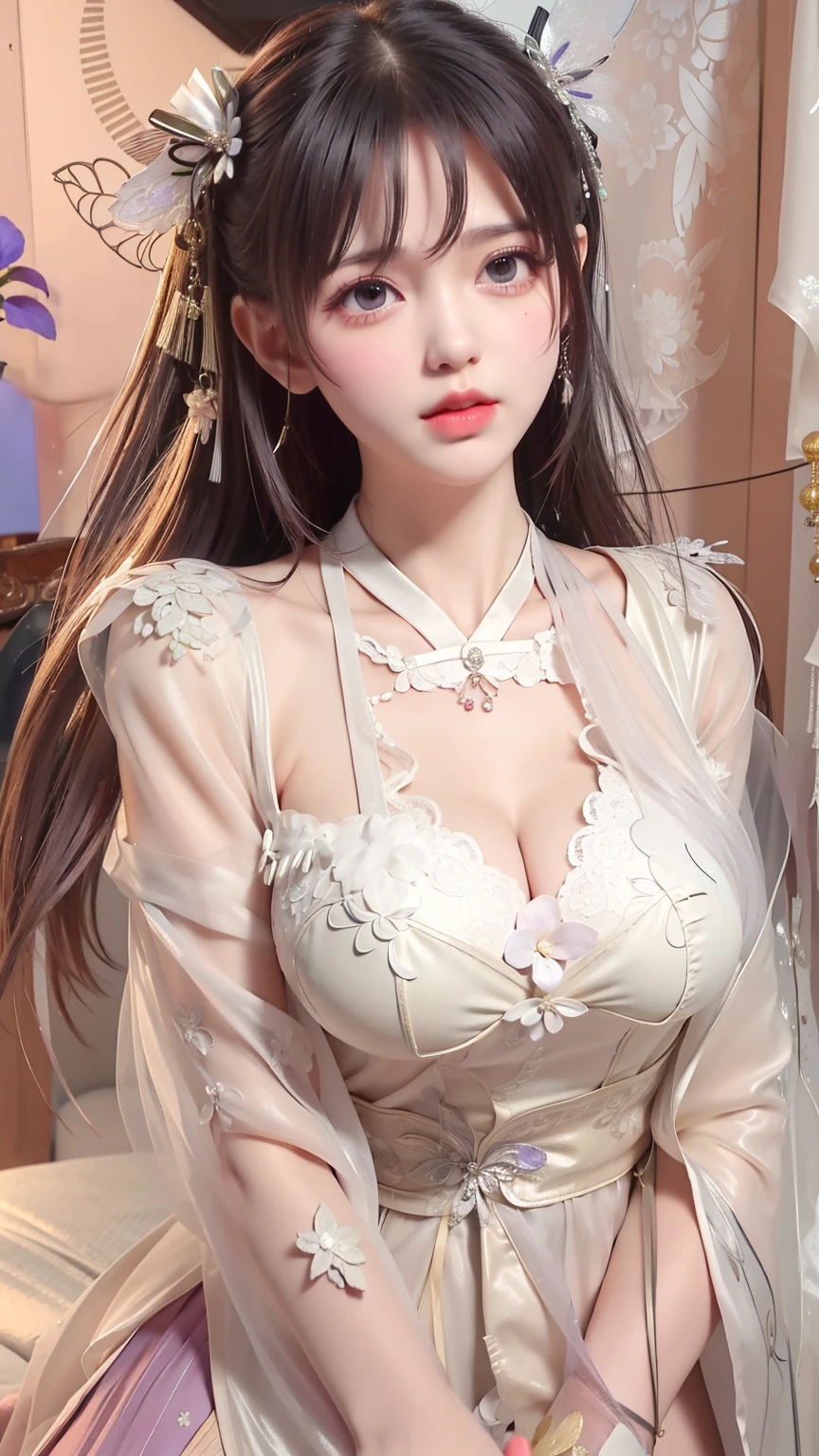 (Full body 1.8),(Big Tits 1.8),masterpiece,Highest Resolution,Dynamic bust of a beautiful Chinese woman,Delicate black bun,Black clear eyes,Her hair is covered with beautiful and delicate floral detailing., crystal jewelry filigree,Ultra-detailed details,beauty effect,Soft Lighting。
