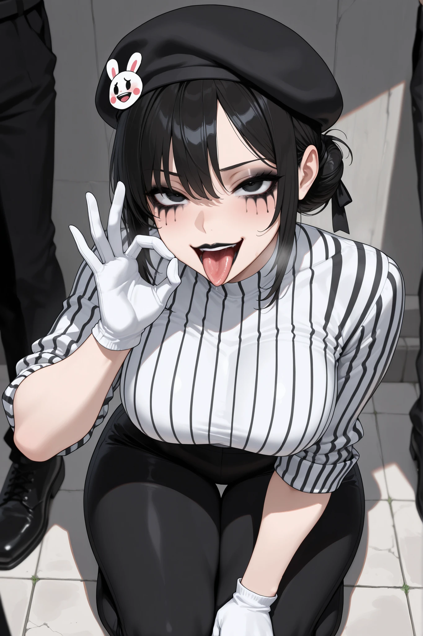 highly detailed, Bonbon, white and black striped T-shirt, red fingerless gloves, black eyes, black short hair, beret, finger on mouth, smile, short sleeves, gigantic breasts