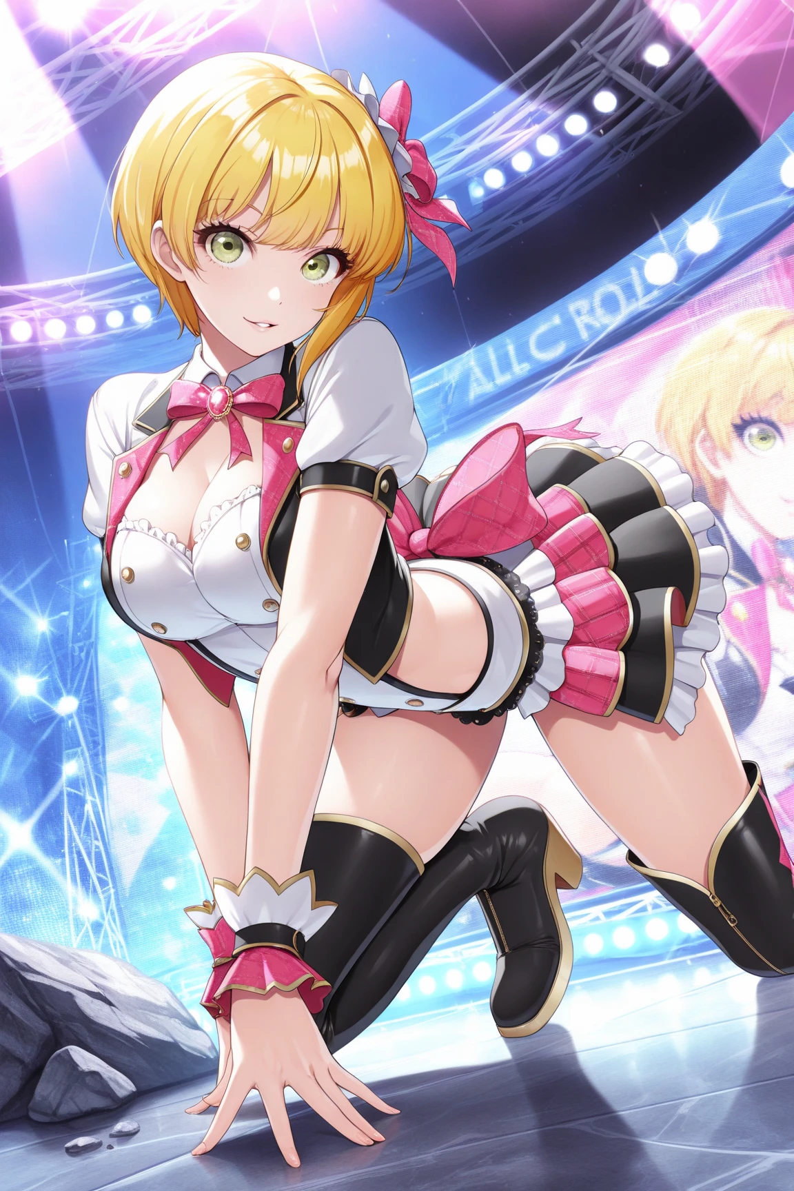 irohaisshiki, iroha isshiki, short hair, brown hair, (brown eyes:1.5), smile,Yellow leotard,yellow rabbit ears headband,Fishnet tights,stiletto heels,(Bunny girl:1.5),(yellow playboy bunny:1.0),sexy pose,sitting cross-legged on a chair,Make sure the whole body is included in the illustration,mirror ball,
break indoors,on stage,
break looking at viewer,
break (masterpiece:1.2), highest quality, High resolution, unity 8k wallpaper, (shape:0.8), (thin and beautiful eyes:1.6), highly detailed face, perfect lighting, Very detailed CG, (perfect hands, perfect anatomy),