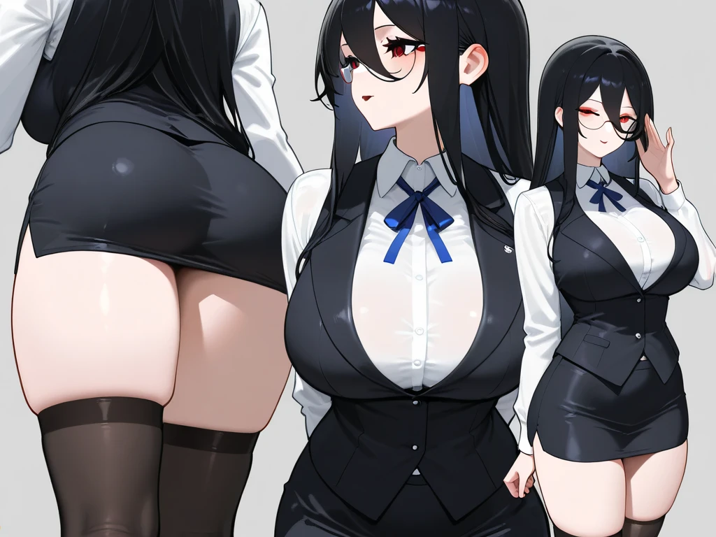 3 girls, variety of hairstyles, high fantasy costume, ((white background)), full body, multiple views, succubus, thong, shrug, leotard, cleavage, tie, hair over one eye, forehead, blunt bangs,
