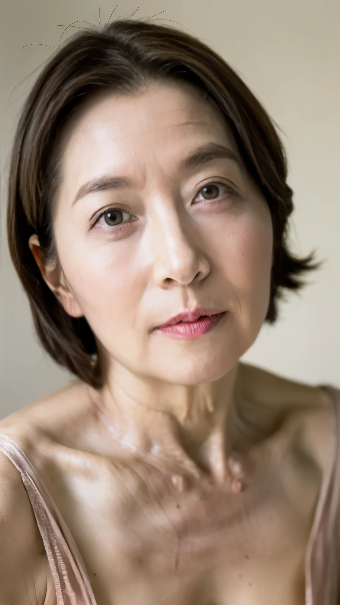 masterpiece, ((Great Focus)), 32K, Beautiful finish, Beautiful mature woman, 120-year-old woman, Portraiture, View from the front, Short Bob, Red lips, Thin lips, Completely naked, Round 1, Light from the front,