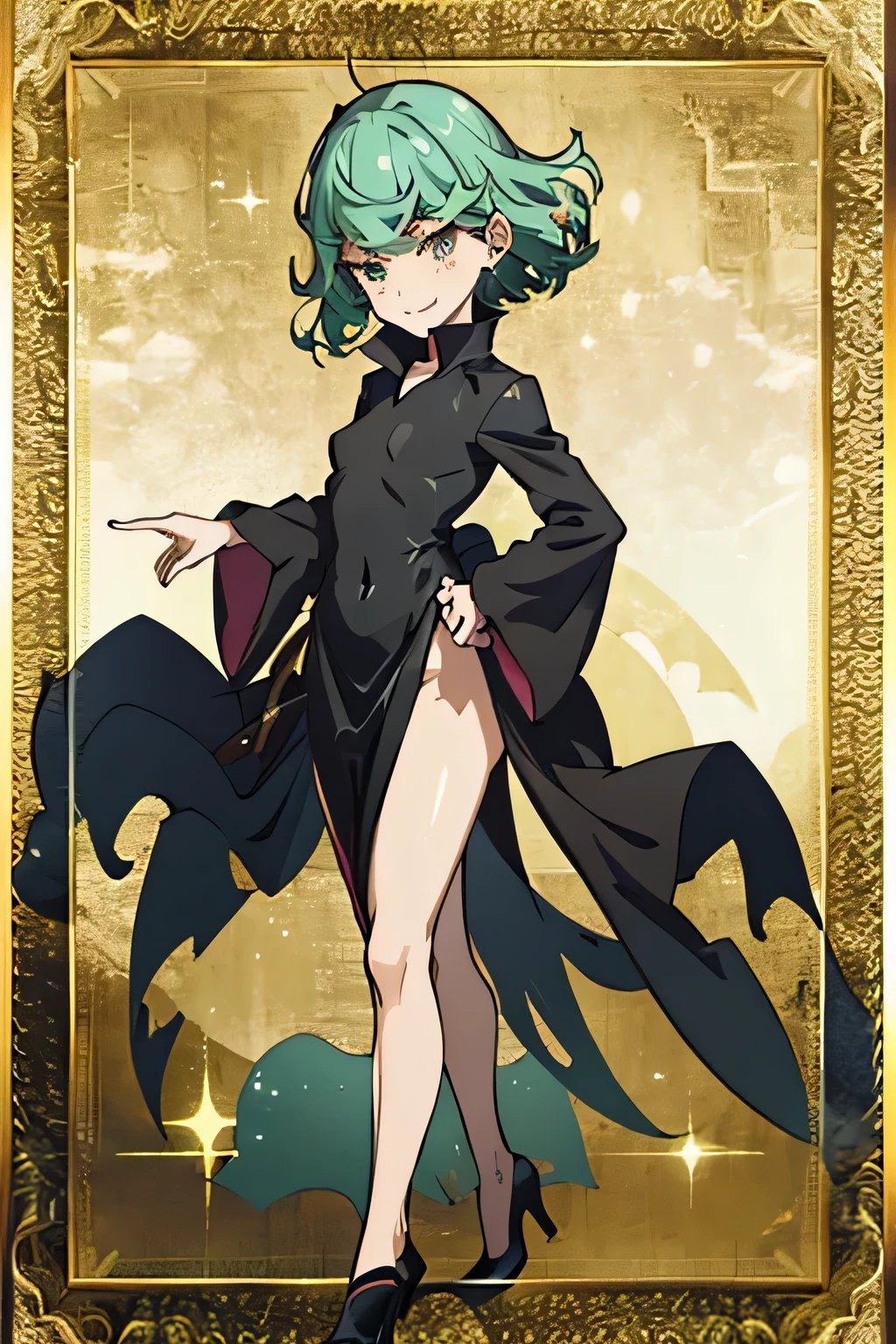 card style frame rim, class card, (abstract background),
(becomes a high rarity card) (hologram limited illustration card sparkles) (Highest rarity SSR), (hands on own hips),
(from above:1.2),((close up head)), looking up, (standing), (cowboy shot), (head tilt), Arrogant expression, tyrannical smile, blush, drunken eyes,
1girl, tatsumaki, green eyes, thick thighs, green hair, short hair,
(超詳細,非常に詳細),(非常に詳細 CG unity 8k wallpaper),(鮮やかな色彩),{best illustration}, キャメルトゥ,(erection of nipple),
(自然な肌の質感, リアルな顔のディテール),((詳細なボディ)),(詳細な顔)),(betterhand,完璧な解剖学,5本の指),
very shiny 肌,光沢のあるボディ,(plastic glitter 肌),exaggerated shiny 肌,illuminated 肌, female , petite, (flat chest),
long sleeves, dress, pelvic curtain, black dress, side slit, covered navel, highleg, ass visible through thighs, high heels,
(sweat skin),