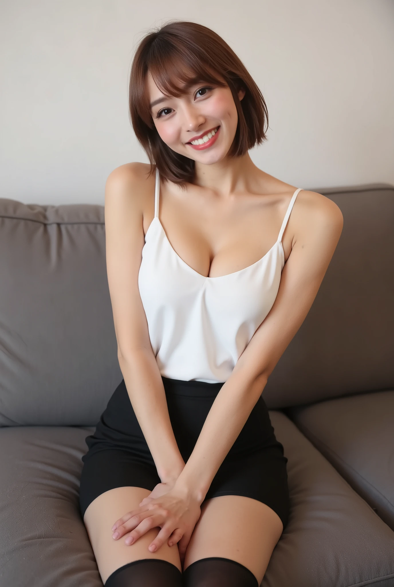 (In 8K,Highest Quality,masterpiece),(realistic,RAW Photo,super fine clear),realistic Light,detailed skin,1 beautiful Japanese woman,(( 22-year-old woman,)),fine grain,detailed fingers、thin、Sexual,Ecstasy expression,A place without people,Ecstasy,Asian Eyes Era、(white sleeveless with visible cleavage)、(black simple micro mini skirt)、(black stockings)、Inside the apartment room、sitting on the couch、hairstyle is short hair、hair color is brown、(Panchira)、is facing the front with a smile、(The background is just the wall of the room)、slender body、tanned skin