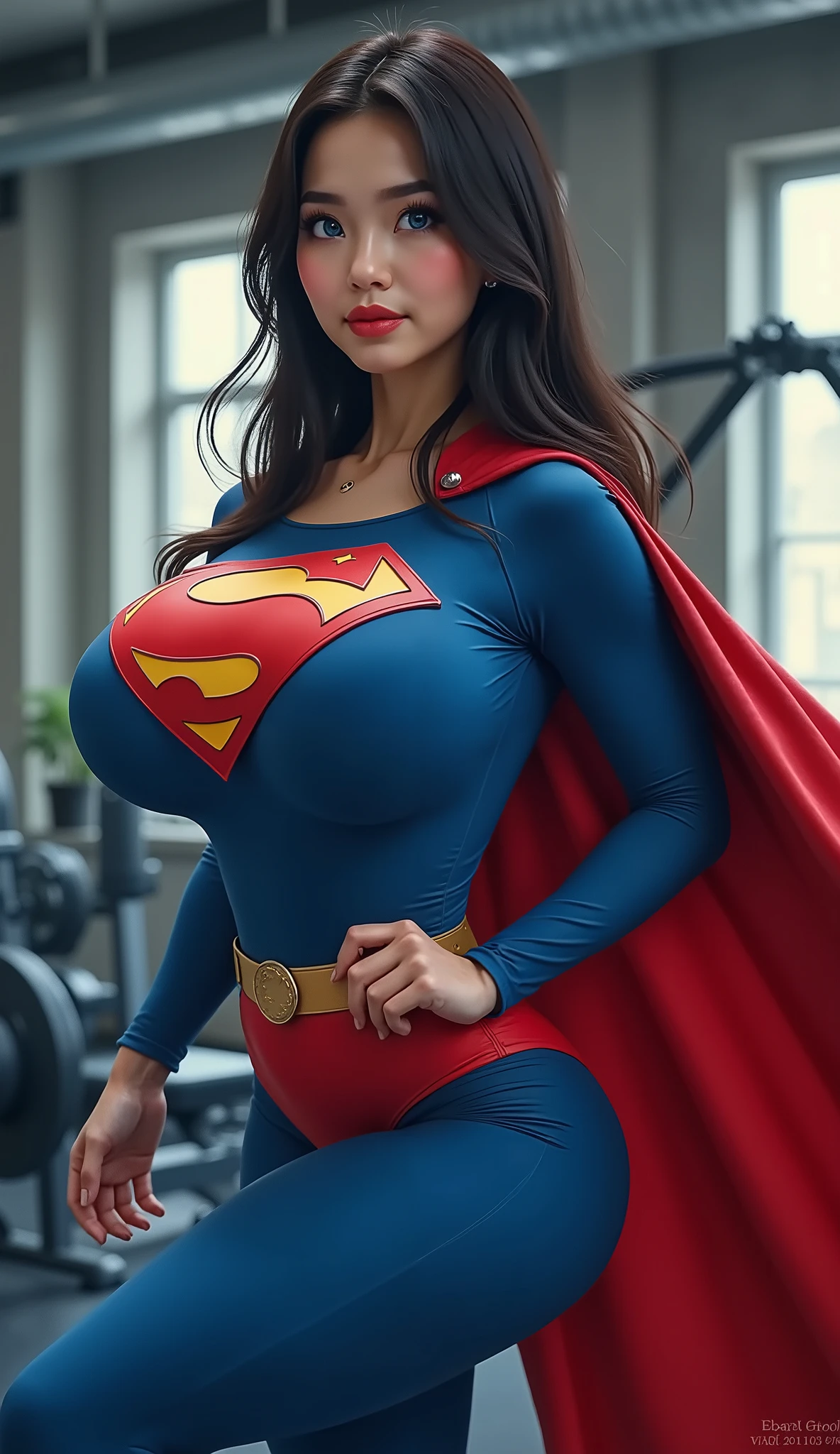(JUMBO FULLY ENLARGED PERKY CHEST:7.2) A tall, slim, beautiful young asian woman with 3d anime blue eyes working out at the gym. Her long black hair flows like silk down her back.
She wears the iconic 1985 Superman suit. The vibrant blue suit hugs her gorgeous form, a bold red and yellow "S" emblem displayed proudly on her chest. Red briefs sit over deep blue leggings, accented by a golden belt and tall crimson boots. The red cape billows behind her, catching the wind alive with purpose.
16K digital photo, 8k realistic close up. surreal