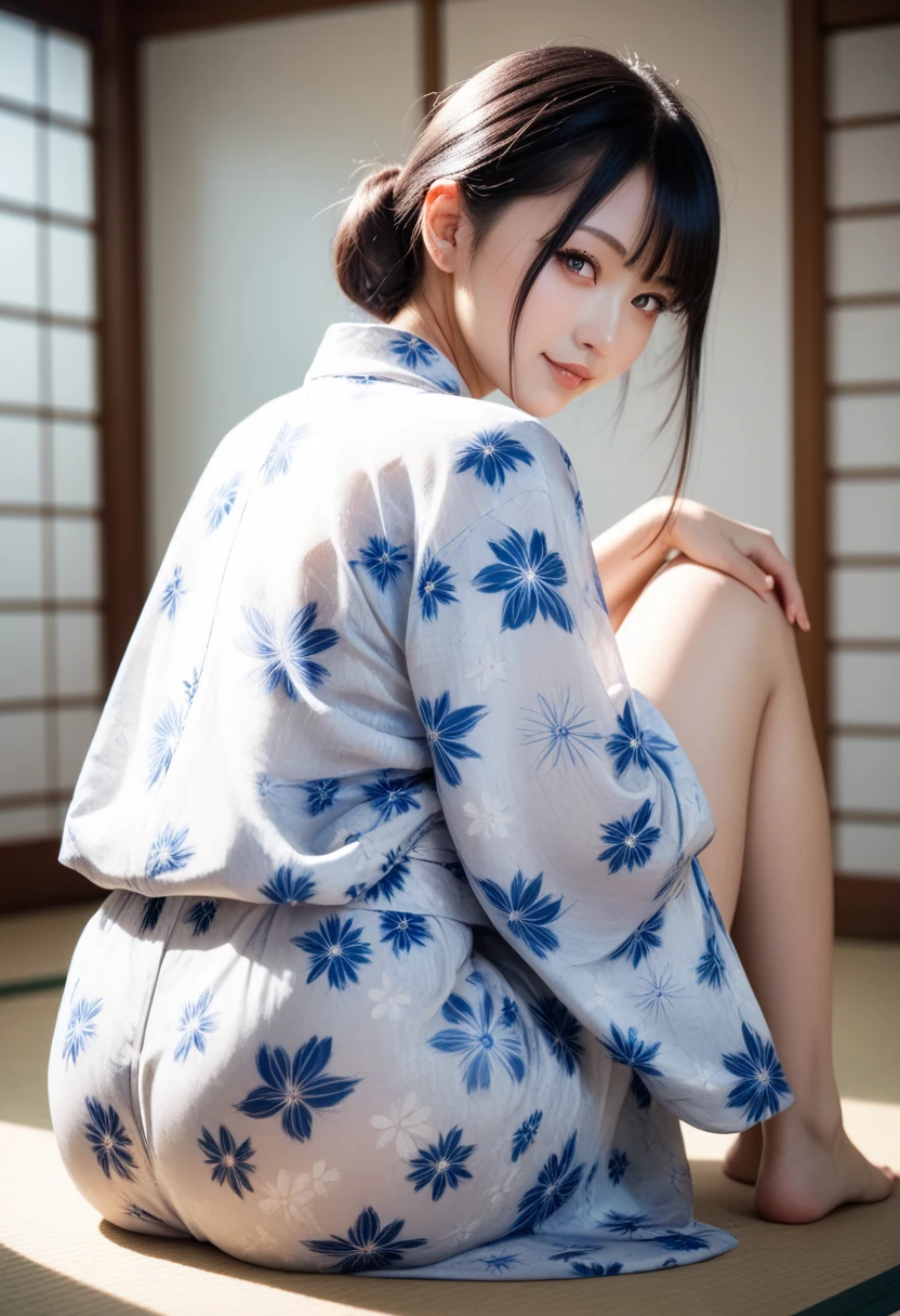 Best Quality, masutepiece, 超A high resolution, (Photorealistic:1.4), Raw photo,8K, full body Esbian、full-shot、SFW、Beautiful Japan girl with the image of a geisha with big bright blue eyes and long fluffy eyelashes with a graceful figure and very long and fluffy wavy wheat-colored hair,、Squat across the beach towards the fireworks、Navy Blue and Japan Shoes Gatte Color Navy Blue、 ((Girls' yukata is、Appliqués and cherry embroidery))、Colossal tits、The scene is very artistic、In high resolution、The focus is clear and、、、、Artistic style of the Migiorni V5、hyperphotorealism、perfectly proportions、the golden ratio、f lare、outlines、 soft glow、softfocus、Photography Techniques Monocle、(Fireworks at night:1.4)、Beautiful starry sky:1.2、(night seaside:1.3)、((Don't get naked:1.5))、Lovely smile、(White pantyhose:1.4)、(Close the front of the yukata:1.4)、(Navy blue panties:1.2)、((No text:1.3))、((No logo:1.3))、((Squats with legs spread wide:1.4))、((Navy blue bra with floral pattern:1.3))