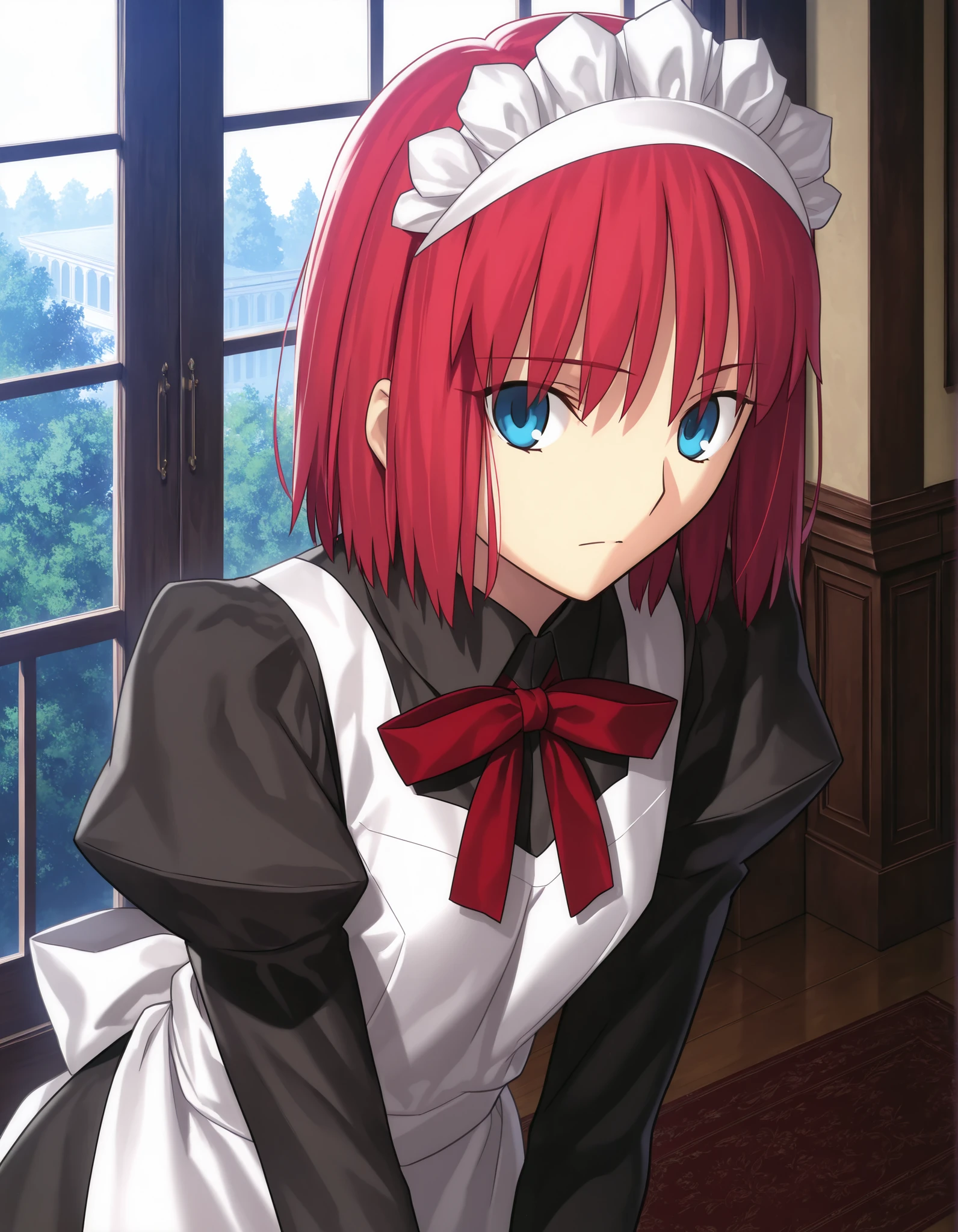 masterpiece, , absurdres, highres, detailed background, high resolution, masterpiece, necessary, detail, best quality, quality, necessary, details, High details, Precise, dark, indoors, from above, day, close up face,
1girl, , Takeuchi Takashi (type-moon,tsukihime) style, takeuchi takashi style, leaning forward, listening,
girl, (hisui (tsukihime), light blue eyes, red hair, short hair, bob cut, maid headdress, neck ribbon, red ribbon, juliet sleeves, maid, maid apron, collared dress), (tsurime), upturned eyes, ( ), expressionless, ,
(black dress shirt, white apron), , dark red ribbon, small breast, flat chest, , looking back, ,