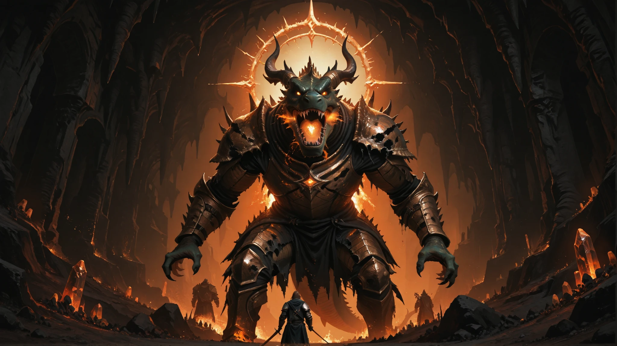 Two characters fully visible in the same frame.Highly detailed illustration, fantasy battle scene. Two characters in frame: a brave knight and a monstrous dragon. Third-person perspective, low angle, medium shot, from behind the knight. The knight stands in the foreground, facing the dragon. He is athletic, wearing slightly weathered iron armor with visible scratches, dents, and scuff marks. His two-handed sword is simple and slightly damaged, reflecting his humble and determined nature.
The dragon dominates the midground and background, towering over the knight. It has a menacing appearance with (four sharp horns), (shark-like teeth), and (four terrifying eyes with an orange-to-blue gradient). Its (crocodile-like skin) is dark reddish-brown, and it has eight powerful legs (eight legs). Its mouth is open, glowing brightly as it prepares to unleash fire.
The environment is a dark cave filled with jagged stalactites and stalagmites. Glowing crystals emit a soft, ethereal light around the cave. Dramatic lighting: the primary light source is from the dragon’s glowing mouth, creating a harsh contrast against the dim crystal glow. Focus on dynamic composition, high contrast, cinematic fantasy aesthetic.
Both characters must be visible and clearly distinct. Emphasize scale difference between knight and dragon.