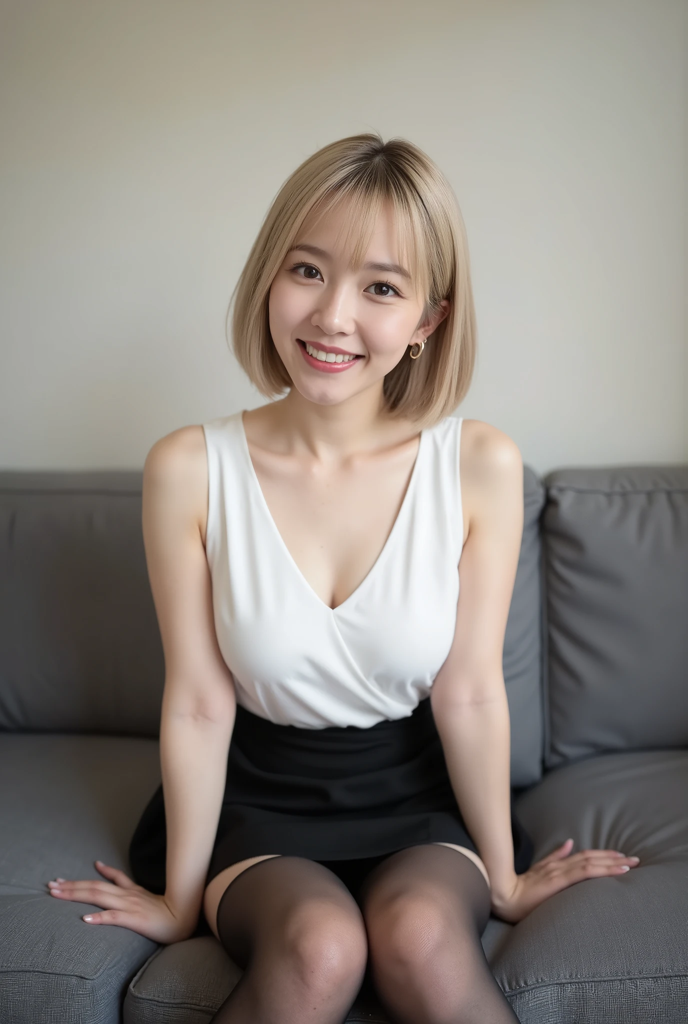 (In 8K,Highest Quality,masterpiece),(realistic,RAW Photo,super fine clear),realistic Light,detailed skin,1 beautiful Japanese woman,((24 Year Old Woman,)),fine grain,detailed fingers、thin、Sexual,Ecstasy expression,A place without people,Ecstasy,Asian Eyes Era、(white sleeveless with visible cleavage)、(black simple micro mini skirt)、(black stockings)、Inside the apartment room、Big Breasts、sitting on the couch、hairstyle is short hair、hair color is blonde、(Panchira)、is facing the front with a smile、(The background is just the wall of the room)