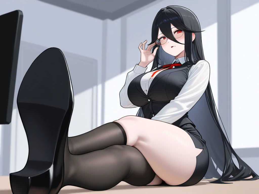 The best quality Anime image of a girl with long black hair who is sitting on a bed in a BDSM outfit holding a riding crop and laughing sadistically