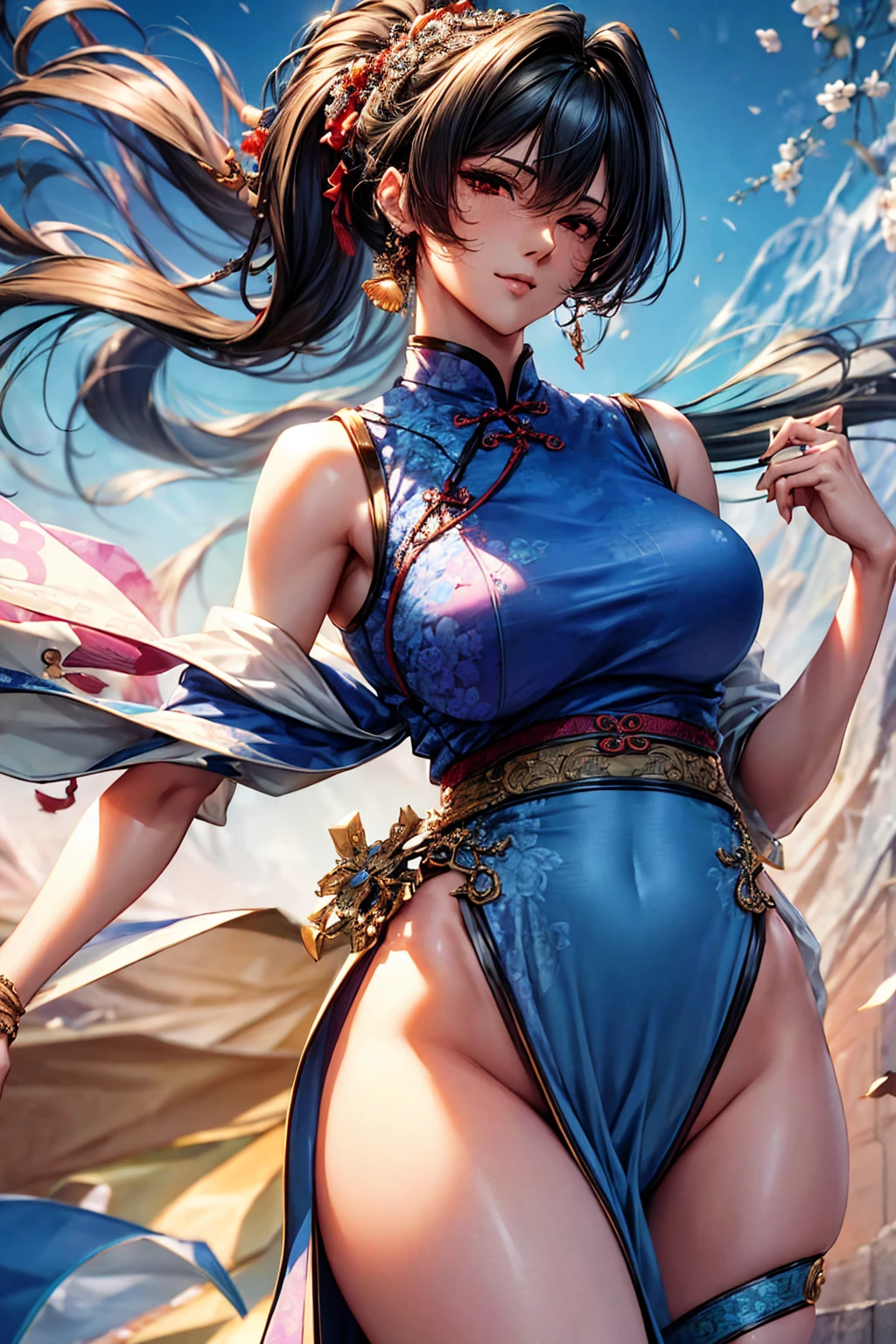 1_girl, solo, sksbrooke person, sksbrooke, (masterpiece:1.2), (best quality:1.2), perfect eyes, perfect face, 1girl, solo, brown eyes, (medium breasts), perky breasts, blue cheongsam, studio background, spotlight