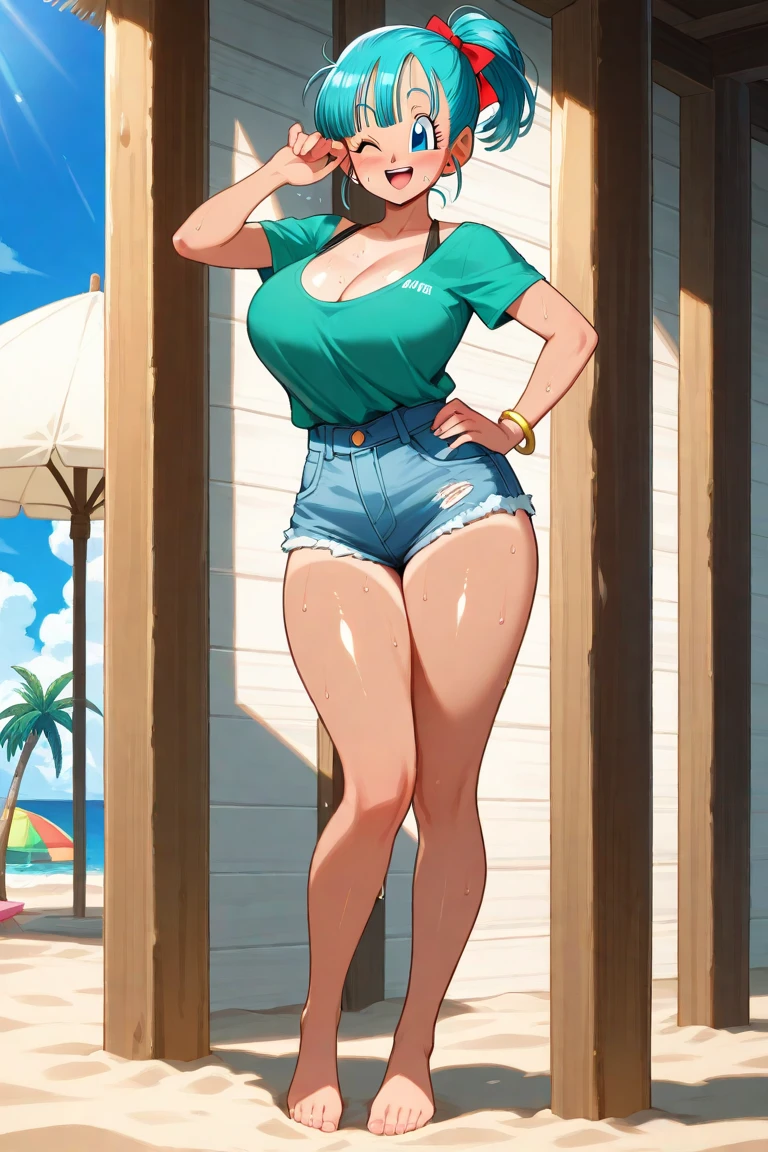 girl, solo, full body, from head to toe, beautiful body, perfect body, nice body, (Huge_Breasts:1.3),

standing in the beach,

kobayashi_san, ponytail hair, red eyes, red hair, glasses,
shirt, yellow shirt, minidolphinshorts, Cleavage,

official art, extremely detailed CG unity 8k wallpaper, perfect lighting, Colorful, (best_quality:1.0), ultra high res,4K, ultra-detailed, 8K, HDR, high resolution,  absurdres:1.2, film grain, (vibrant_color:1.2), (narrow waist),