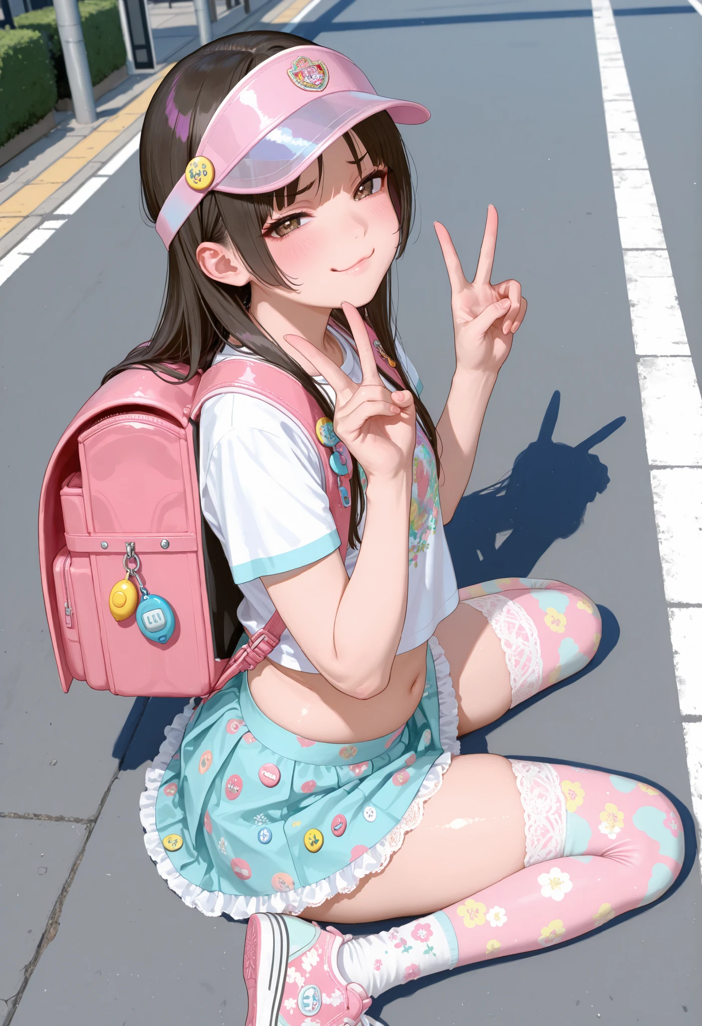 kuramoto china, looking at viewer, solo, sexy woman with huge and thighs , Fat body,thighhighs, full body , from behind , extreme high angle, in the middle of a busy street, Navel-baring look, jyojifuku, print clothes,pastel color clothes, tight shirt, tight skirt, printed pattern thighhighs, backpack, socks, shoes , Skirt with lace frills, anime button badge, crime prevention buzzer, pink backpack with embroidery, Printed sneakers ,smug face, wariza, visor cap,double v, subsurface scathering, depth of field, skin pores, detailed skin, masterpiece, best quality, newest, scenery, very aesthetic,