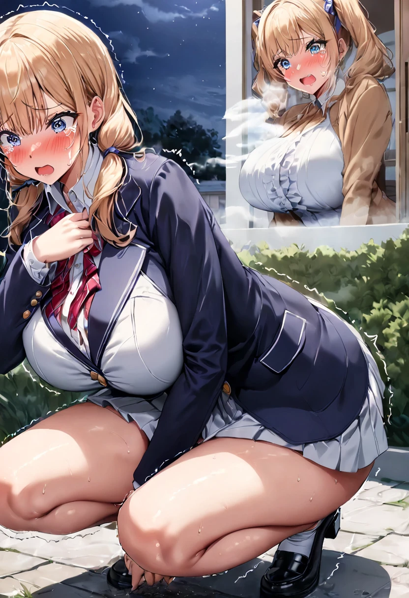 Highest quality, High resolution,8k、1 Girl、On the red bed、((Looking to the side、Girl is lying on her stomach and having sex in side position))、A large amount of semen is applied、expression(Oho face)、Climax、Shyness、Red face、((blush(1.9)))、Sweat(1.9)、Wet(1.9),steam、Dark brown hair()、Giant Eyes、Black eyes,Short Hair, Huge breasts((0.9)Chest is bobbing up and down、There is an afterimage on my breasts), bangs(), Cleavage, clavicle,Big Butt, indoor、Bedroom,Kugisaki Nobara/ JUJUTSU KAİSEN (anime、Hair clip、School uniform cosplay(Black shirt、Black mini skirt、Exposing her breasts、Exposed nipples)、White knee sock high socks(Digging into the thighs)、{I am only a translate agent} One Black Man,naked、Big Penis、(Man having sex in side position )