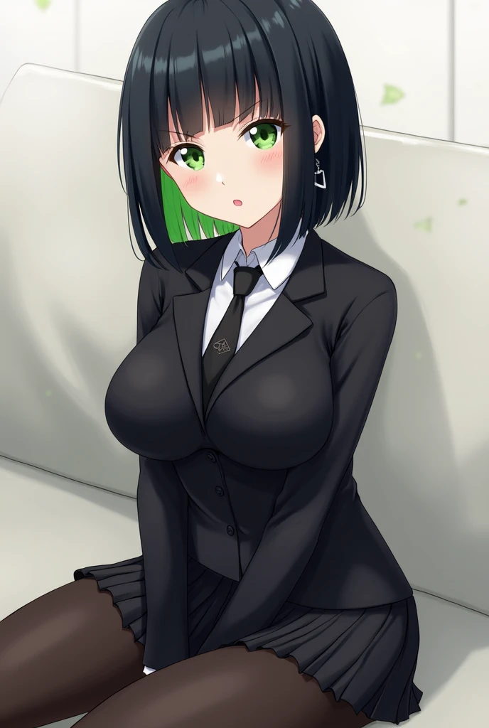 <lora:ChifuyuV2:0.7>, Orimura_Chifuyu, Black_skirt_suit_Black_pantyhose_Green_necktie, huge_breasts, standing, solo,, masterpiece, best quality, detailed face, detailed eyes, highres,