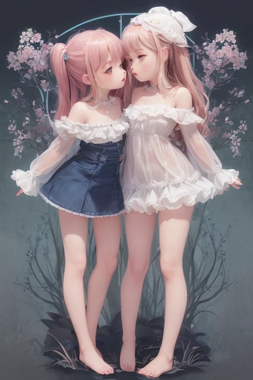 ((petite cute , 2girls)), ((cute face)), ((puffy eyes)), ((masterpiece)), ((best quality)), ((ultra detailed)), (exquisite), (depth), (crisp), (8k), ((beautiful and aesthetic)), (super detailed skin), ((high standard)), ((highres)), (perfect anatomy), (blush), (lipstick), (strapslip), (barefoot), ((yuri, kissing))