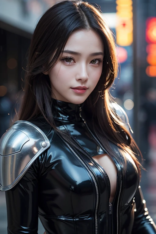 (Dark Fantasy)、top-quality、masterpiece、超A high resolution、(Photorealsitic:1.4)、Raw photo、1人、Black hair、glowy skin、((1 Mechanical Girl))、((super realistic details))、portlate、(Small LED lamp)、Wire tubes that glow all over the body、globalillumination、Shadow、octan render、8K、Armpit、ultrasharp、Colossal tits、Small LED lamp、Raw skin is exposed in cleavage、metals、Red bodysuit、Armpit、Cyberpunk city background、Details of complex ornaments、Japan details、highly intricate detail、Realistic light、CGSoation Trends、Blue eyes、radiant eyes、Facing the camera、neon details、(Helmet of the Brave)、Mechanical limbs、blood vessels connected to tubes、Mechanical vertebrae attached to the back、mechanical cervical attaching to neck、Wires and cables connecting to the head、Gundam、Small LED lamp、Particles of light、