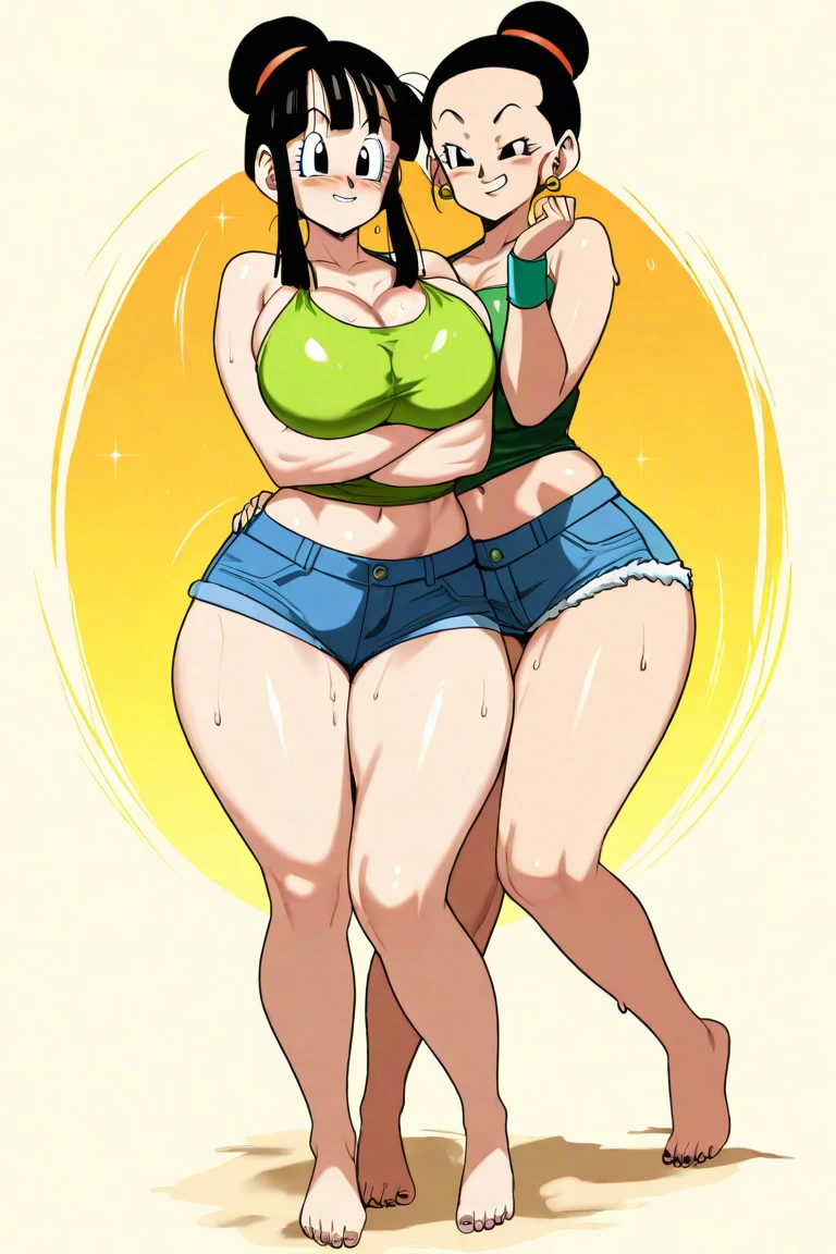 (8K), (Best Quality: 1.2),ass fat, showing pussy , pussy hair, big stomach,huge tits, 2body 2girls