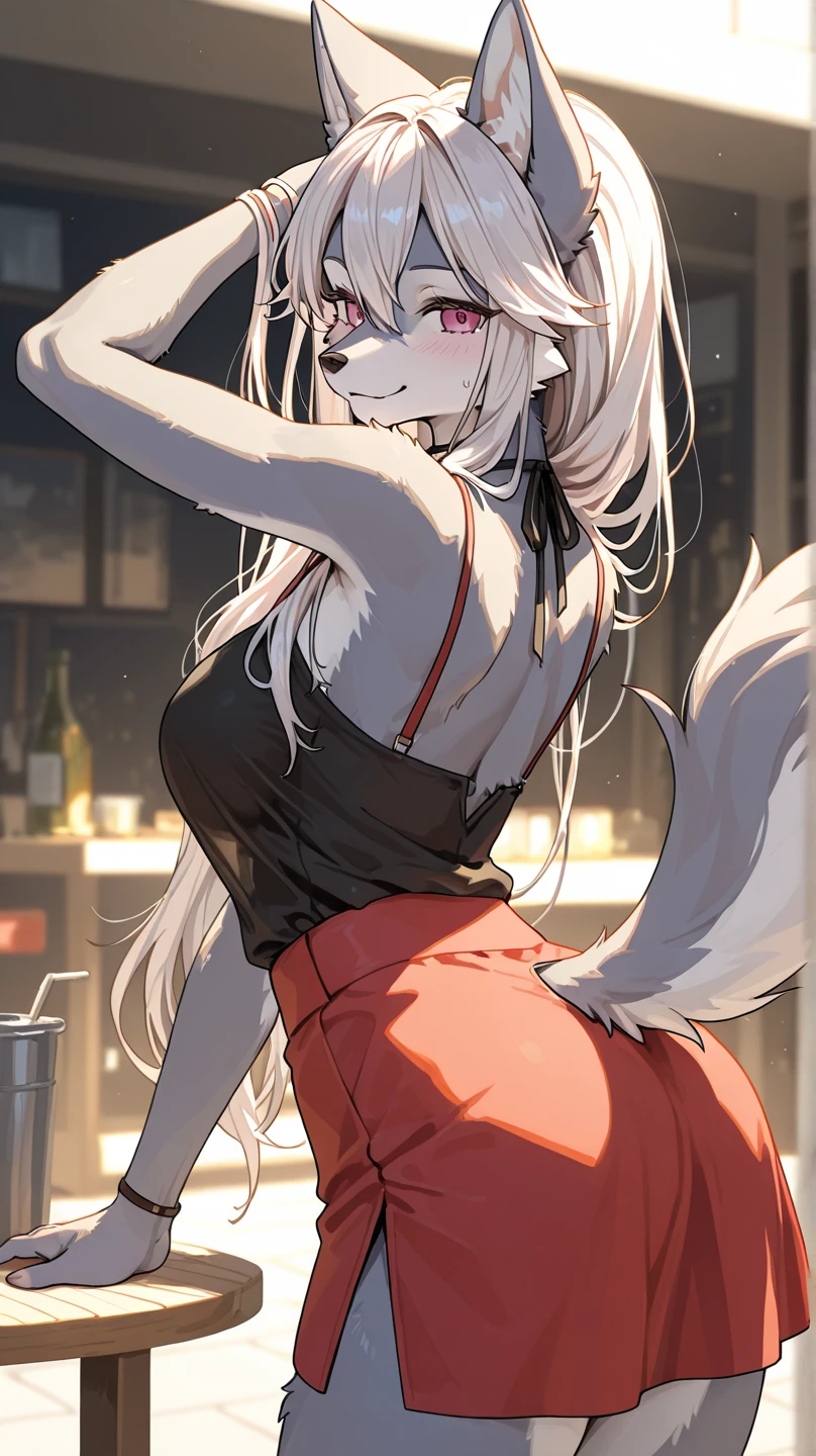 by bebebebebe, by spuydjeks, by spikedmauler, by moonrick, by asaneman, uploaded to e621, seductor, very detailed and beautiful, (female, anthro, anthro animal:1.1), 1girl, bar, night time, anthro wolf girl, canine, canid, sexy grey eyes, cute face, adorable face, feminine face structure, female, mature woman, tomboy, hourglass figure, grey body, grey fur, tail, 1tail, long hairstyle, fluffy tail, super massive thighs, super huge super massive breast, wearing baggy sweatpants, wearing a white tanktop, wearing fingerless gloves, wearing a choker,