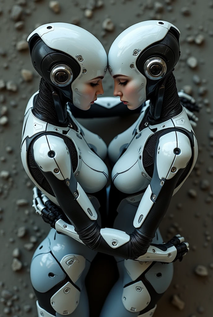 A 25 year old realistic real man in jacket clothes and a female robot passionately lingering hugging and kissing, complex 3d rendering very detailed beautiful ceramic silhouette female robot face, robot, robot parts, 150mm, beautiful studio soft light, edge light, vibrant details, luxurious cyberpunk, lace, surrealism, anatomy, facial muscles, cable wire, microchip, elegant, beautiful background, octane rendering, HR Giger style, 8k, best quality, masterpiece, illustration, very refined and beautiful, very detailed, CG, unified, wallpaper, (realism, realism: 1.37), amazing, fine detail, masterpiece, best quality, full body,