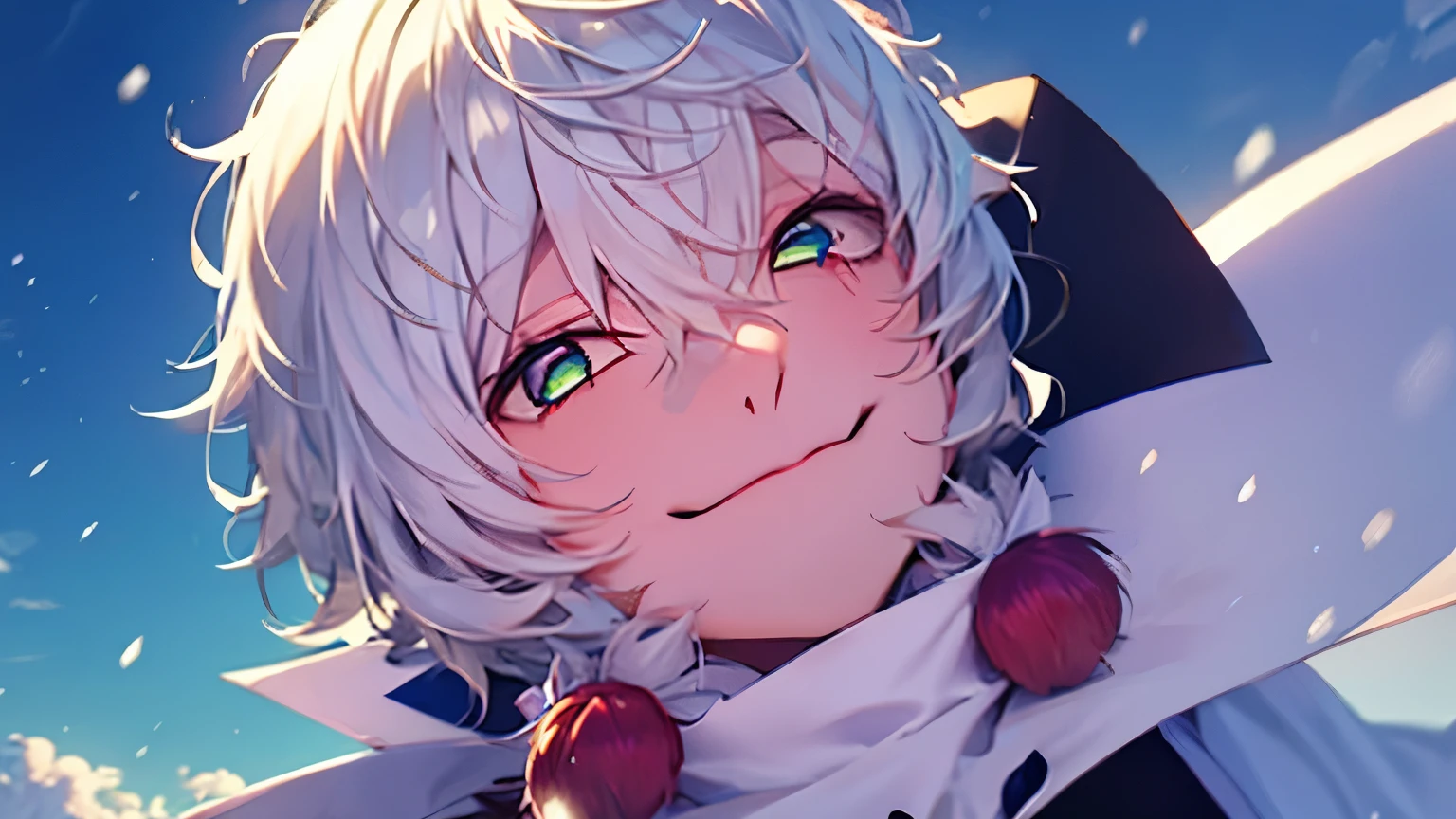 Albino boy with a tunic covering his head, femboy, white hair, Close up to the face, blue and green eyes, snow, winter, smiling, sweetness, nostalgia, Looking up, covered by a tunic, looking at the sky , looking up
