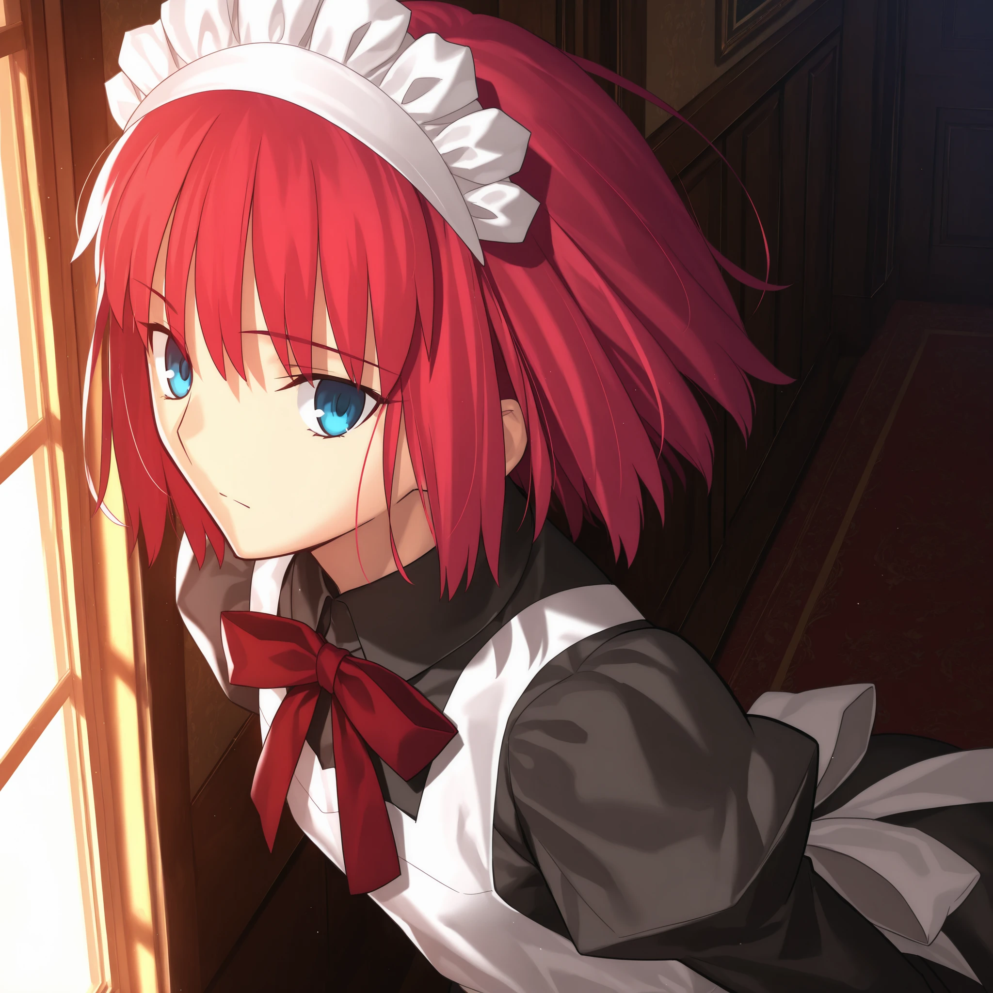 masterpiece, , absurdres, highres, detailed background, high resolution, masterpiece, necessary, detail, best quality, quality, necessary, details, High details, Precise, dark, indoors, from above, day, close up face,
1girl, , Takeuchi Takashi (type-moon,tsukihime) style, takeuchi takashi style, leaning forward, listening,
girl, (hisui (tsukihime), light blue eyes, red hair, short hair, bob cut, maid headdress, neck ribbon, red ribbon, juliet sleeves, maid, maid apron, collared dress), (tsurime), upturned eyes, ( ), floating hair , expressionless, ,
(black dress shirt, white apron), , dark red ribbon, small breast, flat chest, , looking back, ,