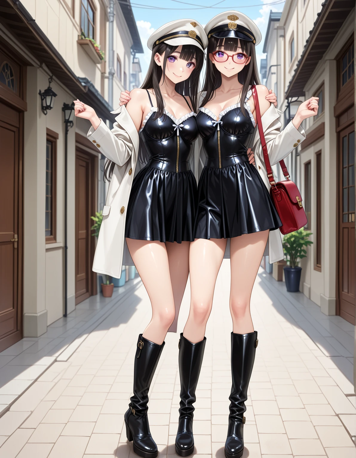 ((best quality)), ((masterpiece)), (detailed), perfect face a beautiful white-toned girl with black and silver hair wearing glasses and skin-fit black clothes, green eyes, glossy skin. detailed skin, pink lips with a spear in hand a tiara on her head, full body walking through an alley, not naked, single person