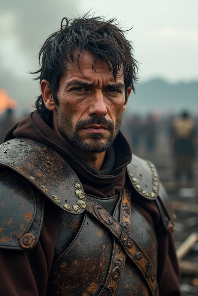 A Slavic warrior in leather armor looks wearily at the viewer after a fight, background battlefield after a battle
