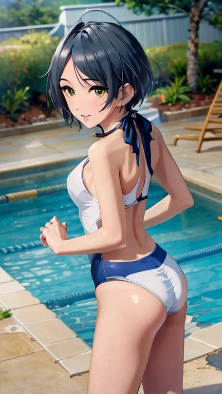 realisitic、top-quality、女の子 1 人、20yr old、Bright flashy hair、piercings、Shy face、Fancy Bikini、beautiful boob 、sexypose、s ass、Example Pool、Particles of light、profetional lighting、blue open sky