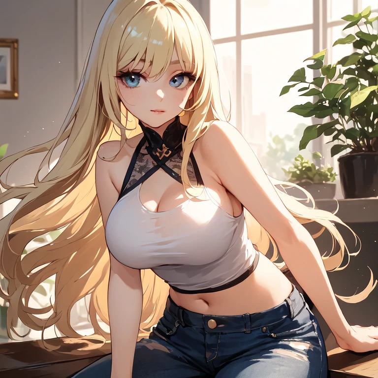 masterpiece, best quality, highres,
perfect anatomy,
solo, 1 girl,
light blonde hair, long hair, blunt bangs, straight hair, (large breasts:0.8),
(pale skin:0.8),
sit on chair,
(white shirt),
(low-rise jeans:1.3), pink lace panties, (visible top of panties:1.2),
cafe,