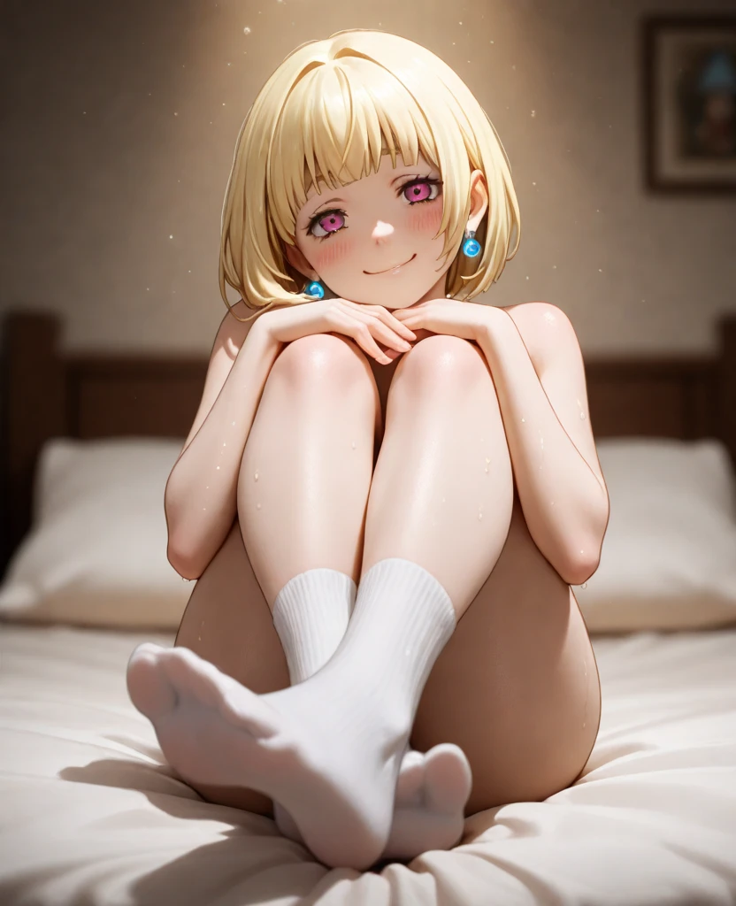 blonde, short hair, girl1, in the Living room, sofa, upper body, completely nude, (small nipples:1.2), (small areolas:1.2), kawaii, cute, pale purple eyes,(shy), (blush),orgasm face, tongue, seductive smile